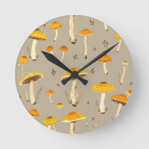 Ochre Yellow Mushroom Whimsical Woodland Botanical Round Clock