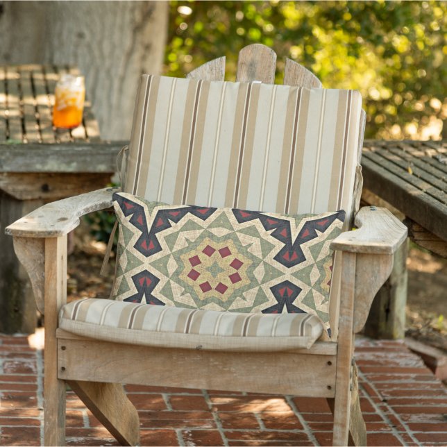 Ochre Yellow Red Olive Green Black Tribal Art Lumbar Cushion (Chair)