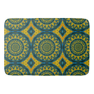   Ochre Yellow & Turquoise Blue Sun Pattern Tribal Bath Mat