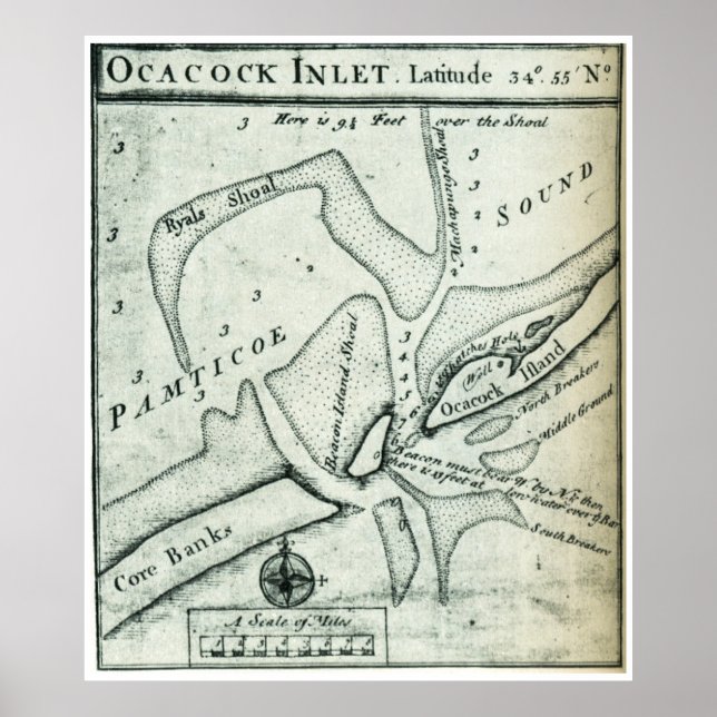 Ocracoke Inlet Map - Blackeard's Anchoring (1733) Poster (Front)