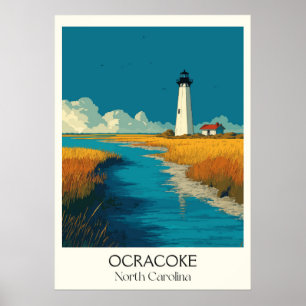 Ocracoke NC Vintage Lighthouse Island Beach Art Poster