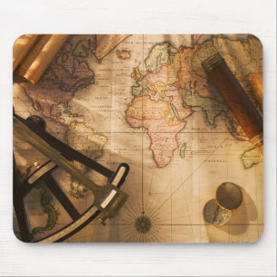 Octant, Compass And Telescope On Nautical Map Mouse Pad