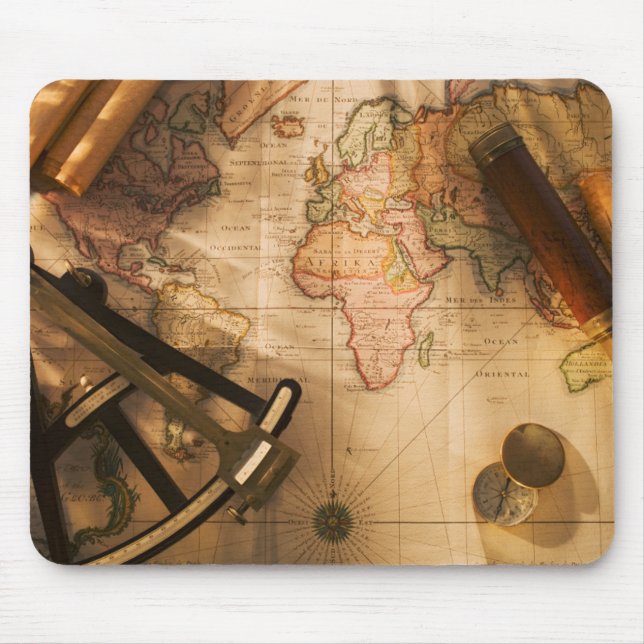 Octant, Compass And Telescope On Nautical Map Mouse Pad (Front)