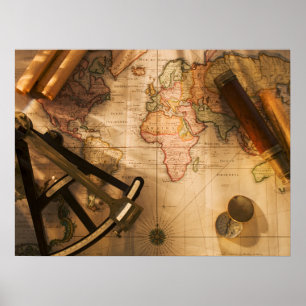 Octant, Compass And Telescope On Nautical Map Poster