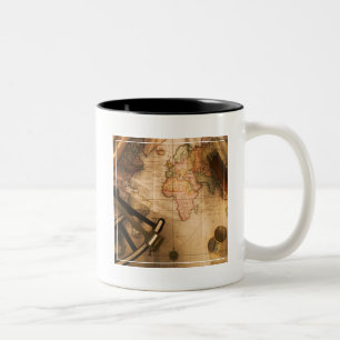 Octant, Compass And Telescope On Nautical Map Two-Tone Coffee Mug