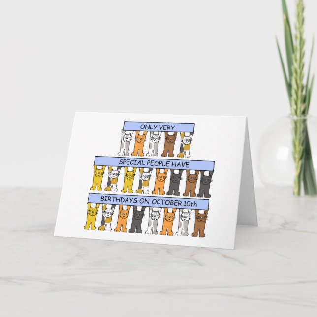 October 10th Birthday Cute Cartoon Cats Card (Front)