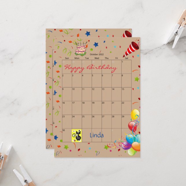 October 2022 Calendar Happy Birthday Invitation  (Front/Back In Situ)