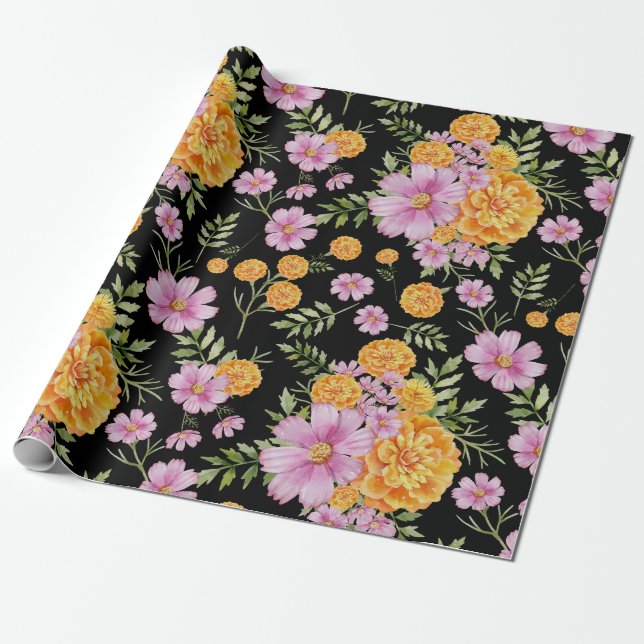 October Birth Month Flowers Marigold Cosmos Wrapping Paper (Unrolled)