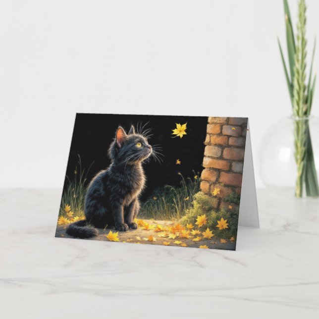 October Birthday Kitten Watching a Fall Leaf Card (Front)