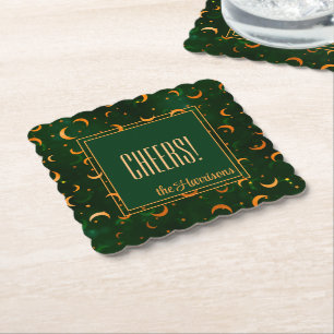 October Crescent Moons & Stars Green Bokeh Pattern Paper Coaster