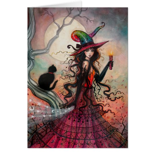 October Flame Halloween Witch Black Cat Art Card