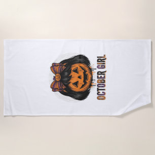 October Girl Pumpkin Bow Halloween Vector Design_1 Beach Towel