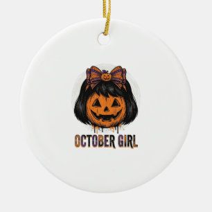 October Girl Pumpkin Bow Halloween Vector Design_1 Ceramic Ornament