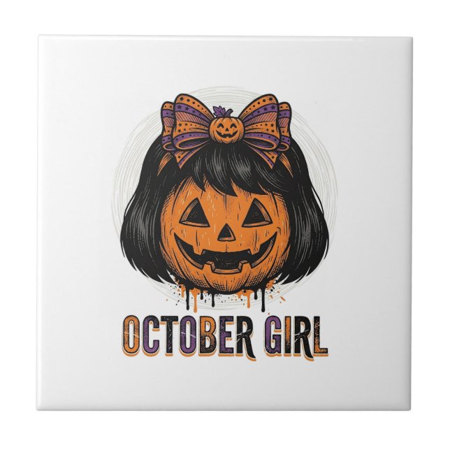 October Girl Pumpkin Bow Halloween Vector Design_1 Ceramic Tile (Front)
