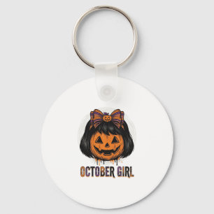 October Girl Pumpkin Bow Halloween Vector Design_1 Key Ring