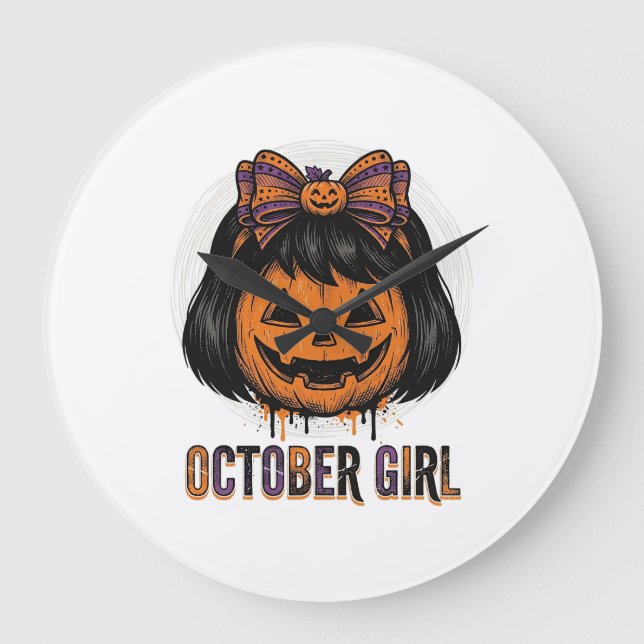 October Girl Pumpkin Bow Halloween Vector Design_1 Large Clock (Front)