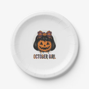 October Girl Pumpkin Bow Halloween Vector Design_1 Paper Plate