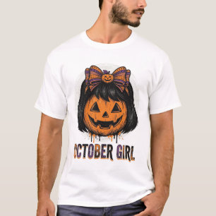 October Girl Pumpkin Bow Halloween Vector Design_1 T-Shirt