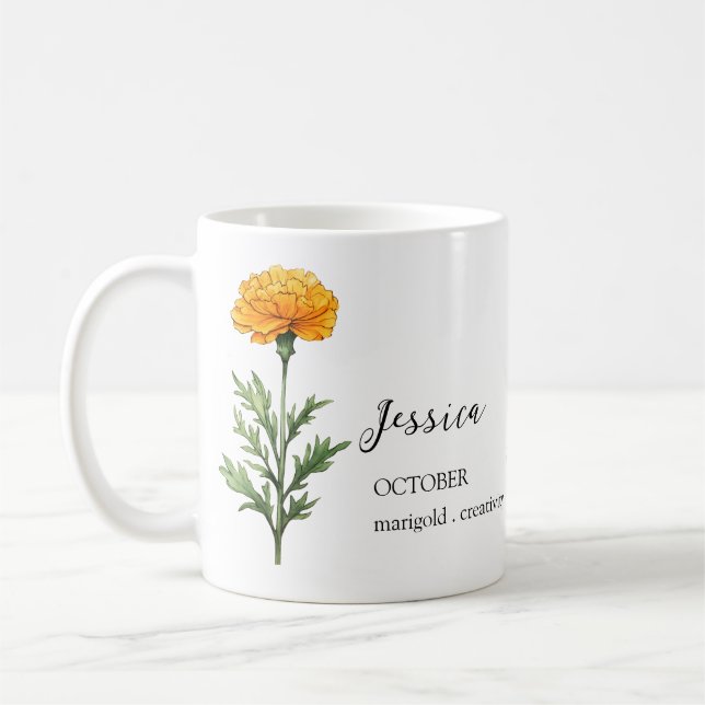 OCTOBER MARIGOLD BIRTH FLOWER MONTH NAME GIFT COFFEE MUG (Left)