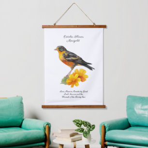 October Marigold Flower and Bird Birth Hanging Tapestry