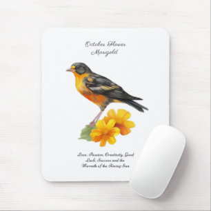 October Marigold Flower and Bird Birth Mouse Pad