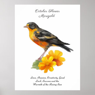 October Marigold Flower and Bird Birth          Poster
