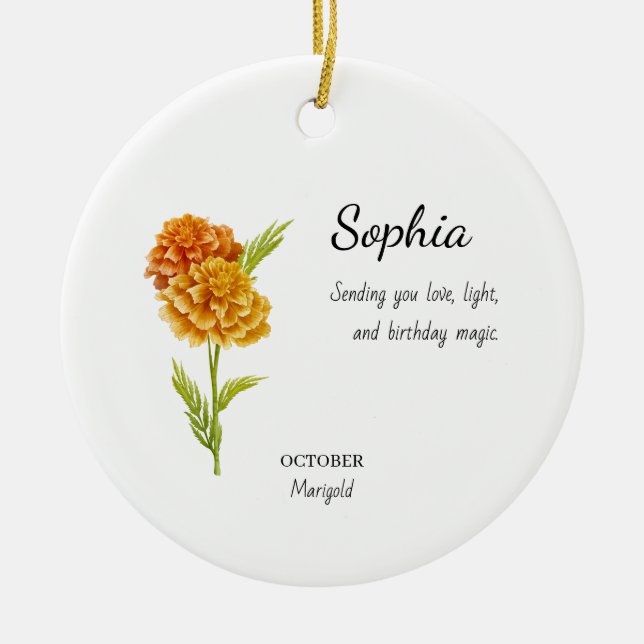 October Marigold Personalised Birthday Ceramic Ornament (Front)