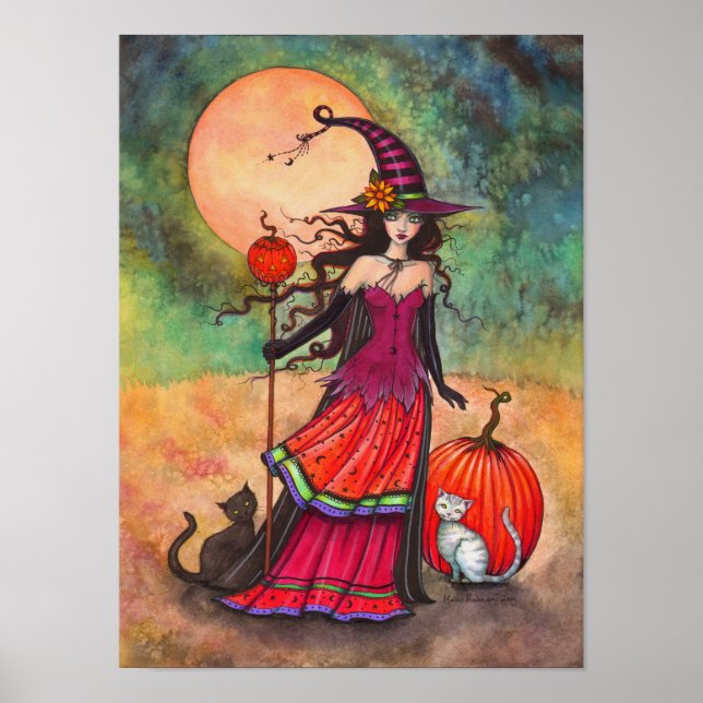 October Moon Witch Cat Halloween Illustration Poster (Front)
