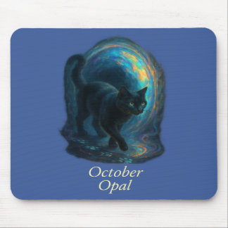 October Opal – Black Cat & Iridescent Portal  Mouse Pad