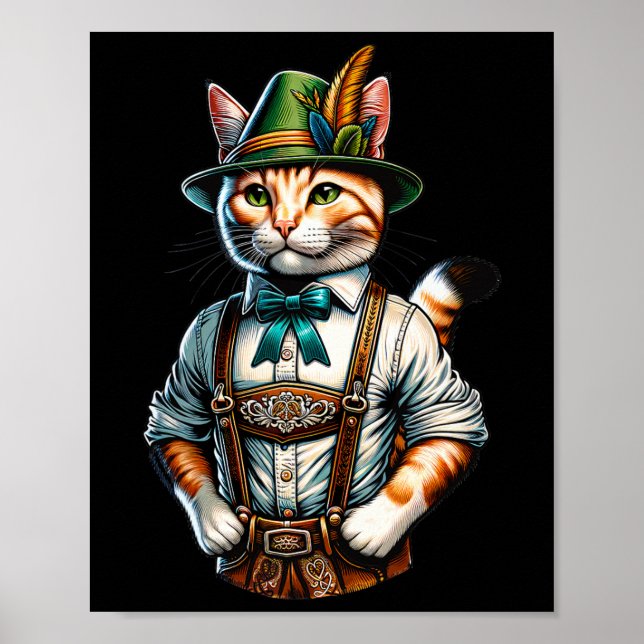 October Party Cat Funny German Bavarian Lederhosen Poster (Front)