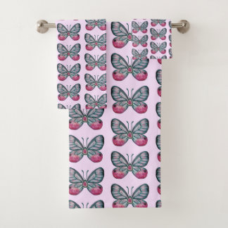 October Pink Glasswing Butterfly Pattern Design Bath Towel Set