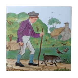 October Polychrome Wedgwood Boy Pig Antique Repro Ceramic Tile