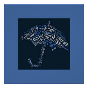 October Rain Umbrella Typography Blue Poster