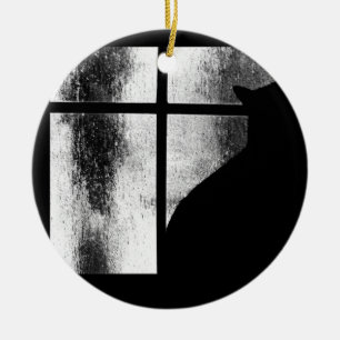 October Showers Black Cat Silhouette At Window BW Ceramic Ornament