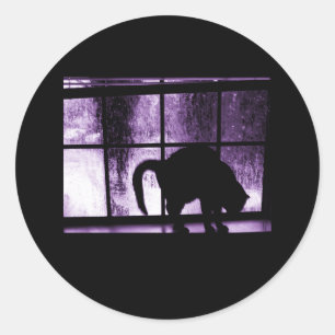 October Showers Cat Silhouette At Window 2 Purple Classic Round Sticker