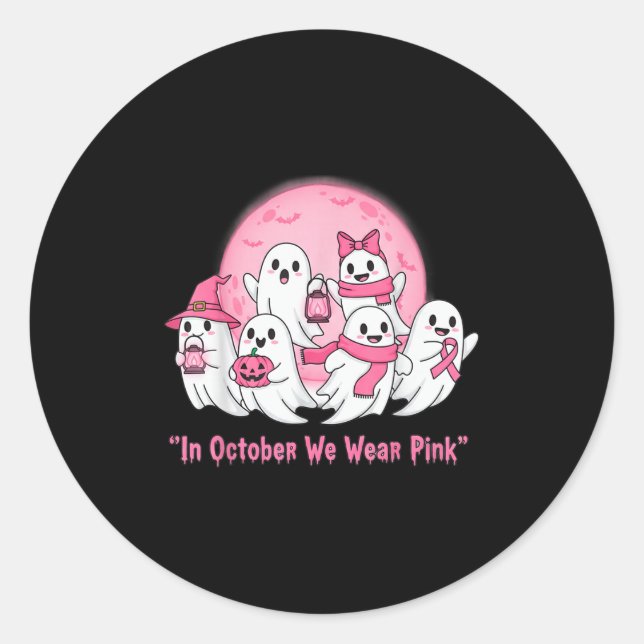 October We Wear Nk Ghosts Halloween Breast Cancer  Classic Round Sticker (Front)