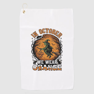 October We Wear Orange Flying Witch Pumpkins Black Golf Towel
