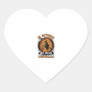 October We Wear Orange Flying Witch Pumpkins Black Heart Sticker