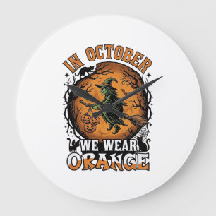 October We Wear Orange Flying Witch Pumpkins Black Large Clock
