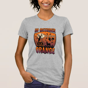 October We Wear Orange Halloween Pumpkin Llama Sku T-Shirt