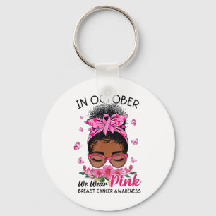 October We Wear Pink Black Women Messy Bun Breast Key Ring