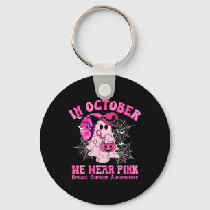 October We Wear Pink Breast Cancer Women Ghost Hal Key Ring
