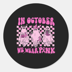October We Wear Pink Ghost Groovy Breast Cancer Ha Classic Round Sticker