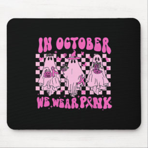 October We Wear Pink Ghost Groovy Breast Cancer Ha Mouse Pad