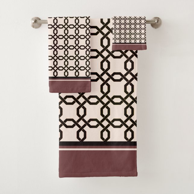 Octogone Pattern Dark Brown and Cream Bath Towel Set (Insitu)