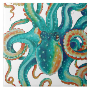 Octopis Teal Tentacles Watercolor Ceramic Tile