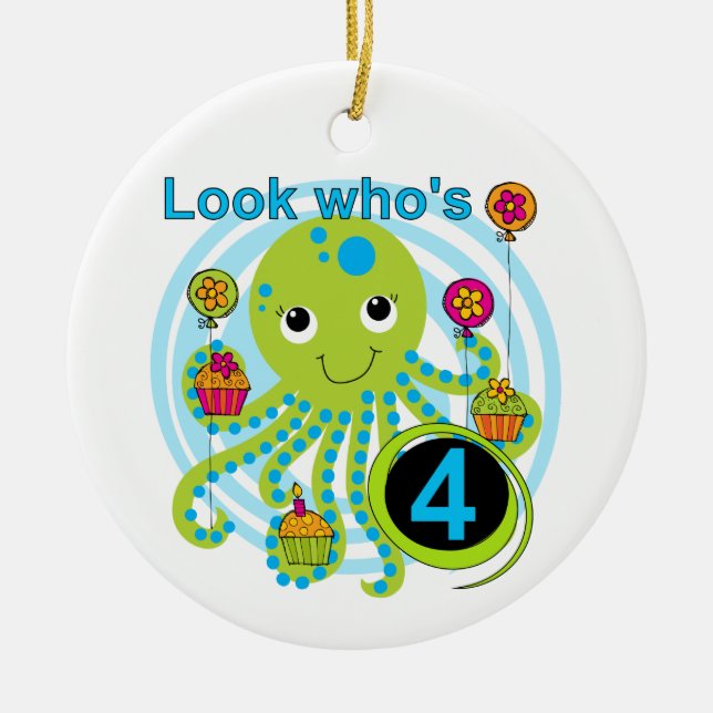Octopus 4th Birthday T shirts and Gifts Ceramic Ornament (Front)