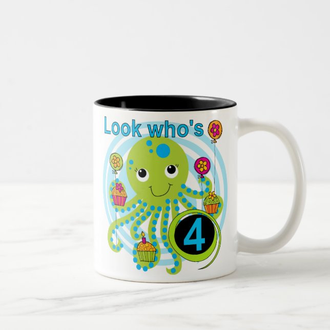 Octopus 4th Birthday T shirts and Gifts Two-Tone Coffee Mug (Right)