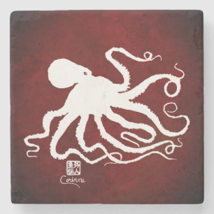 Octopus 6 White On Red L - Marble Coaster
