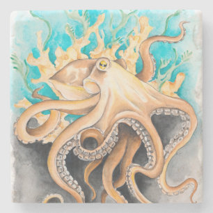 Octopus Algae Teal Watercolor Art Stone Coaster